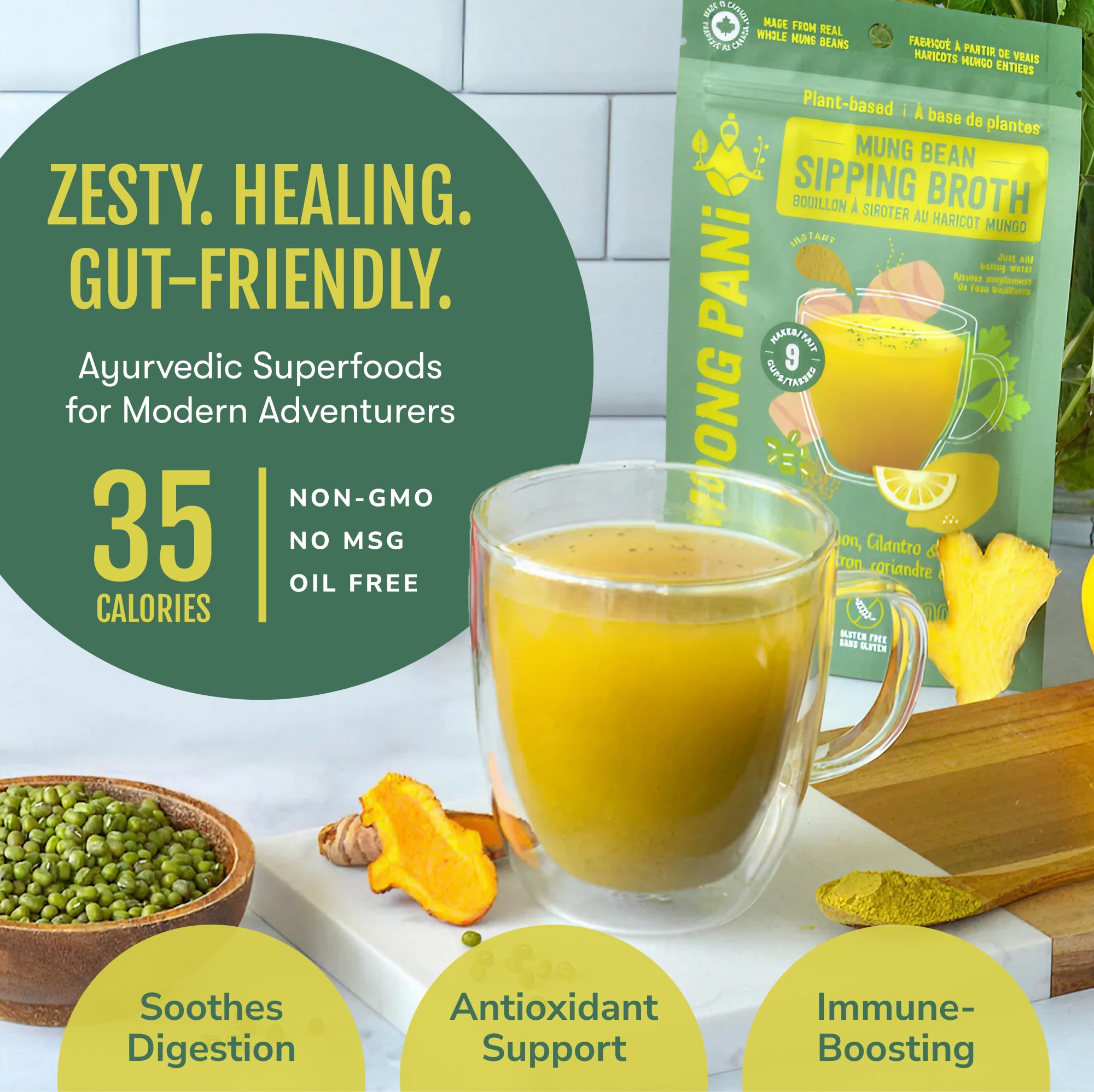 Zesty Ginger, Lemon & Turmeric Mung Sipping Broth | 18g Plant Protein | 9 cups - Moong Pani Broths - Zesty Ginger, Lemon & Turmeric Mung Sipping Broth | 18g Plant Protein | 9 cups