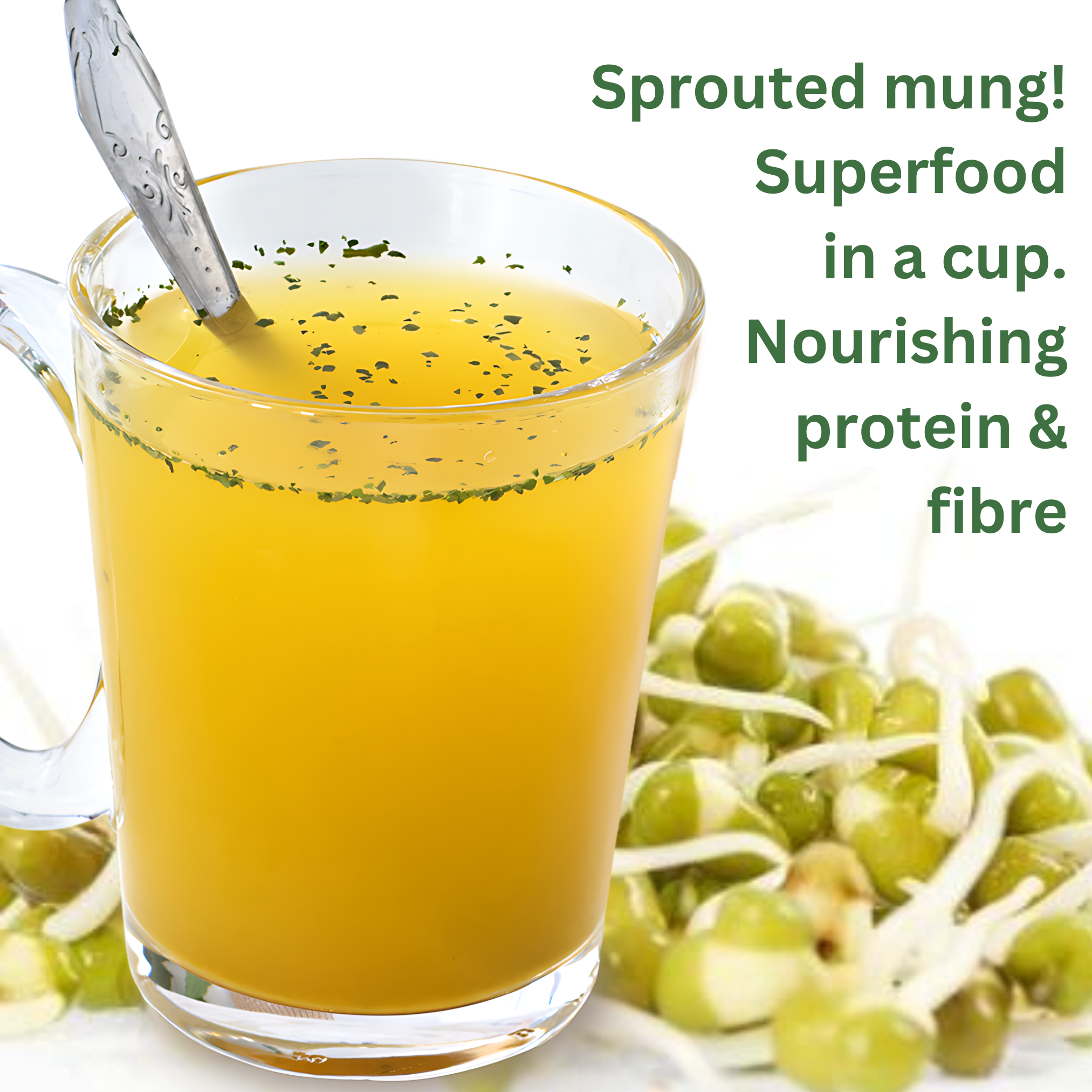 Cup of mung bean broth with fresh sprouted Mung Superfood. Nourishing Protein & Fibre