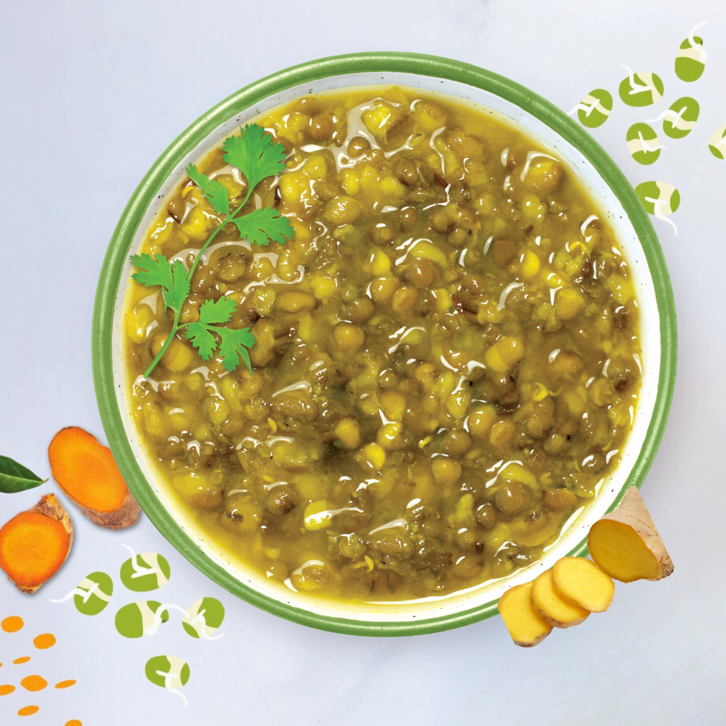 Bowl of green lentil soup with turmeric and ginger on a light background