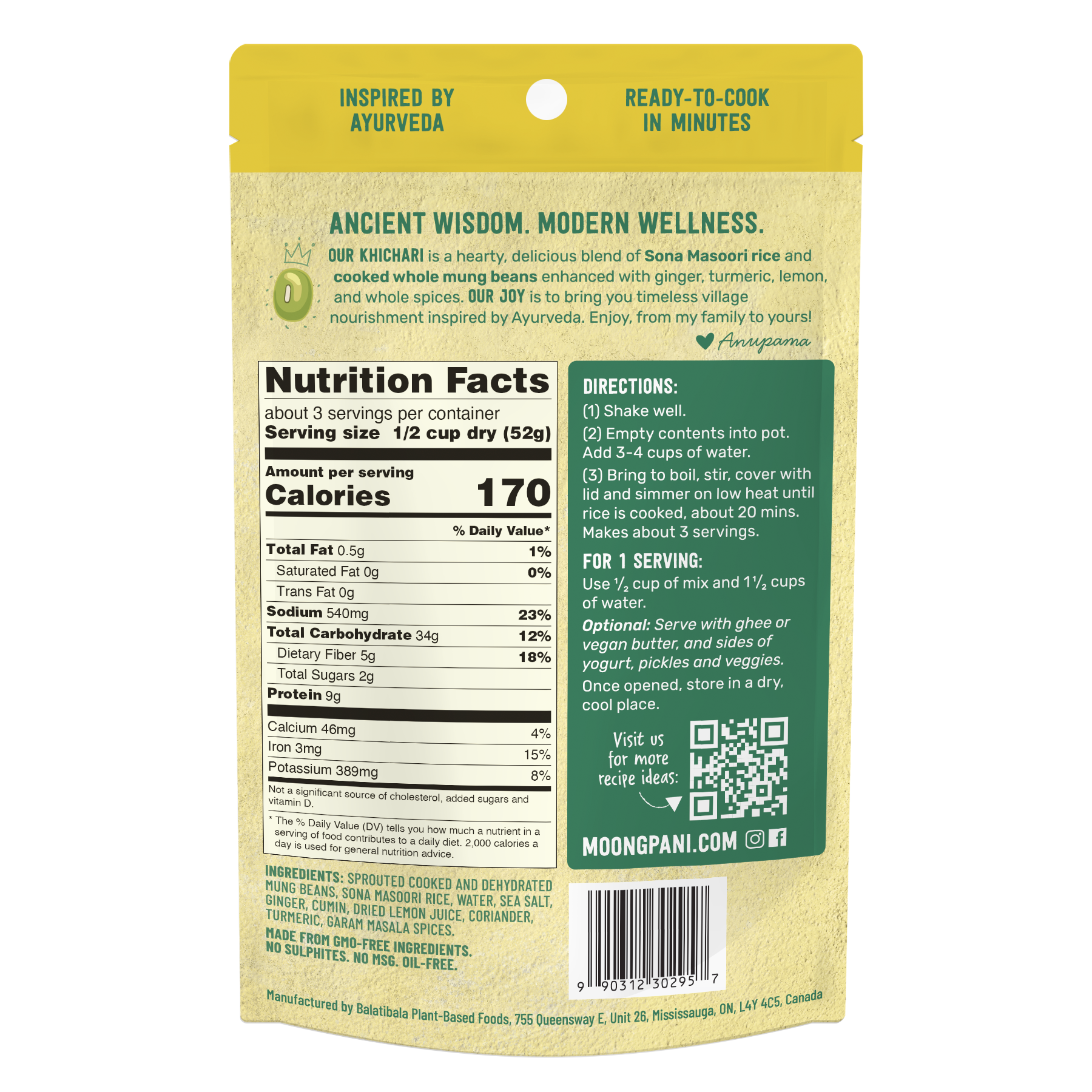 Mild Khichari Nutrition Table back of packet with UPC