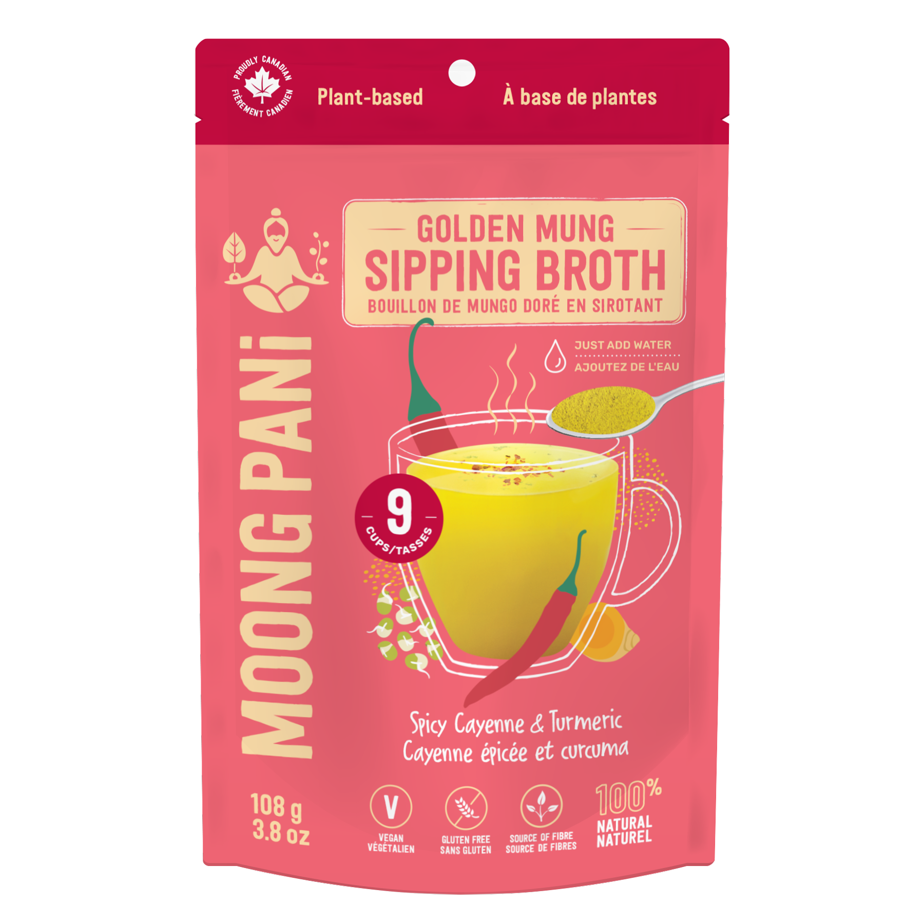 Moong Pani Golden Mung Sipping Broth in Flavour Spicy Cayenne with Ginger, Lemon, Cilantro & Turmeric. Vegan, Gluten-free, 100% natural and made in Canada.