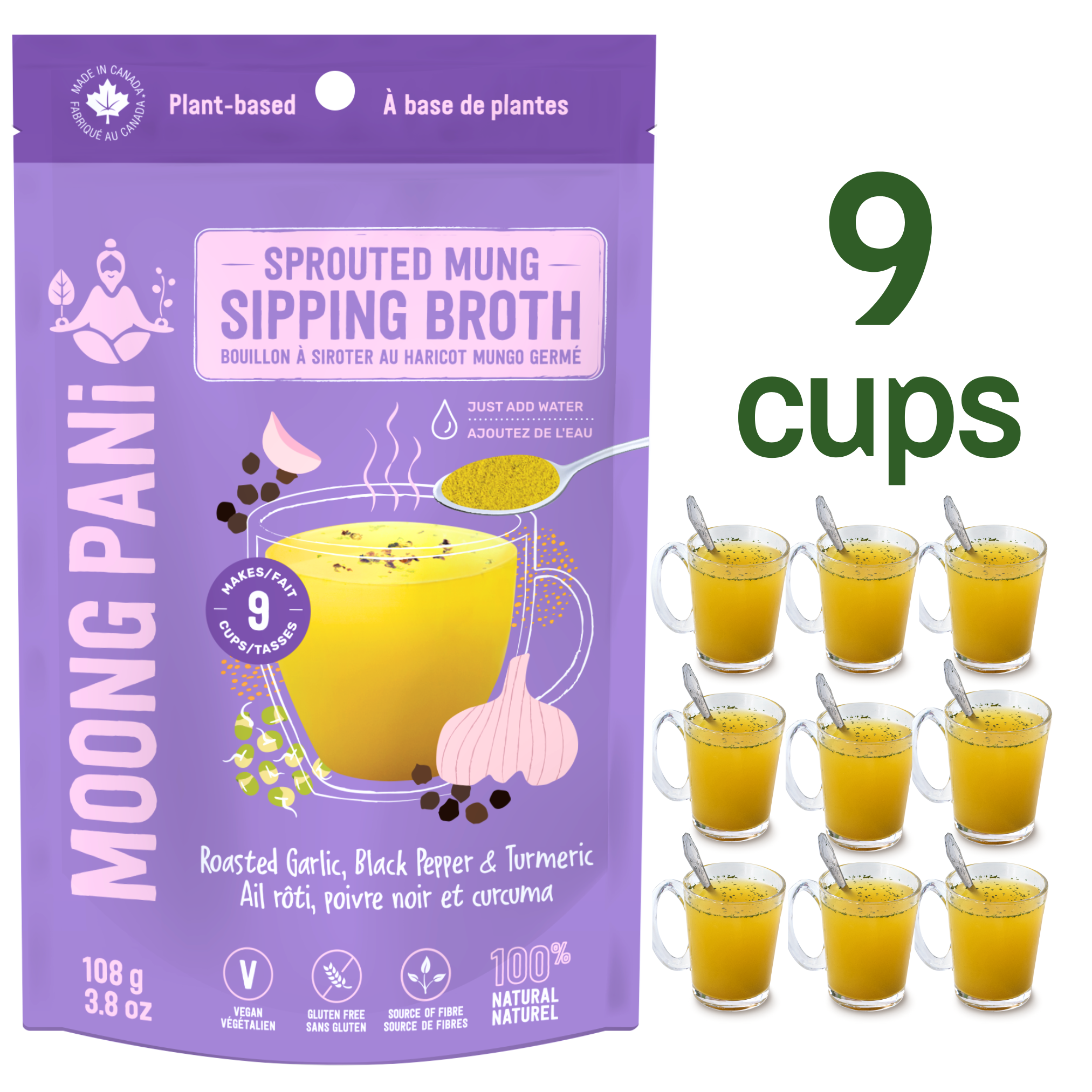 9 Cups/Servings of Moong Pani Mung Bean Soup in Flavour Roasted Garlic, Black Pepper & Turmeric, Vegan, Gluten-free, 100% natural, high fiber, high protein, ayurvedic, Vegan Bone Broth