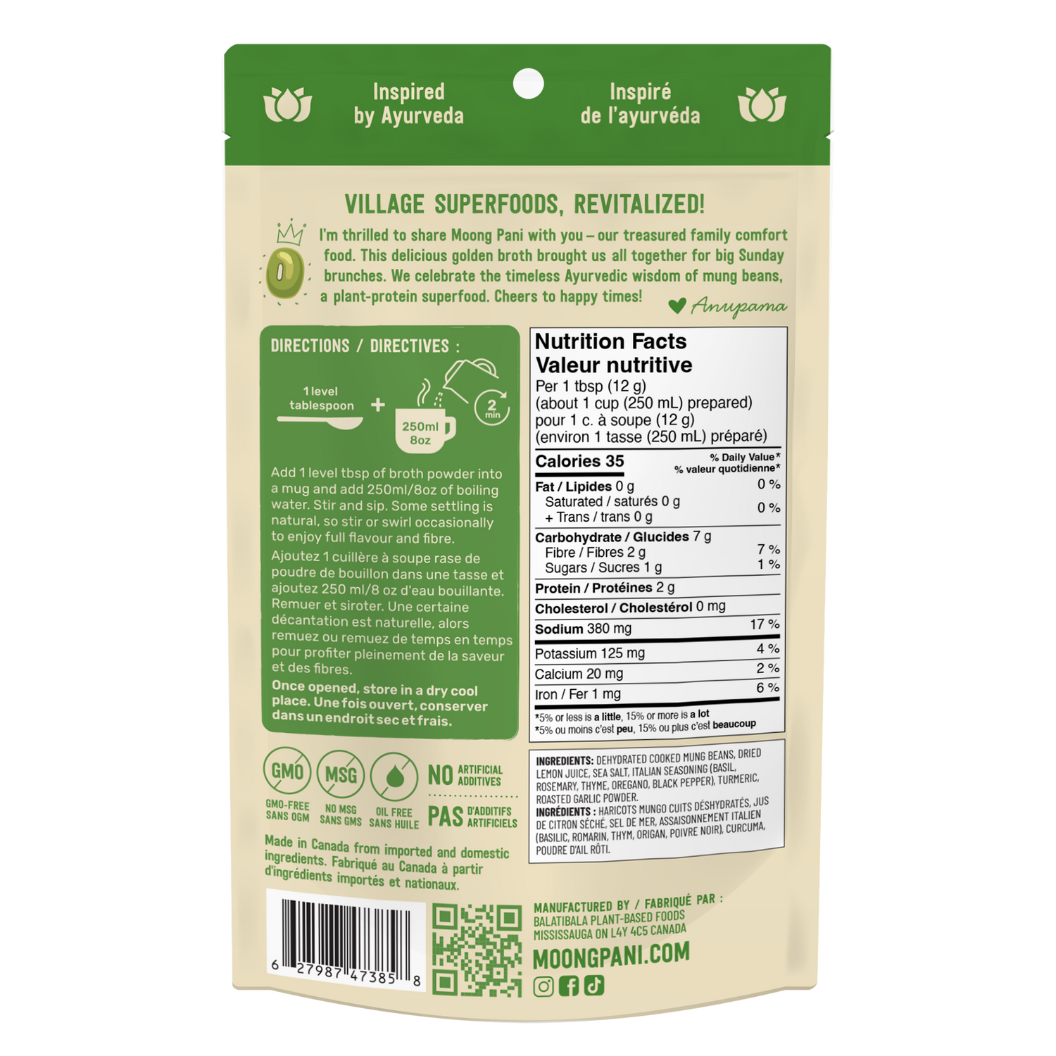 Back of package of Moong Pani Mung Bean Soup in Flavour Italian Hers, Garlic & Turmeric. Vegan, Gluten-free, 100% natural, high fiber, high protein, Vegan Bone Broth