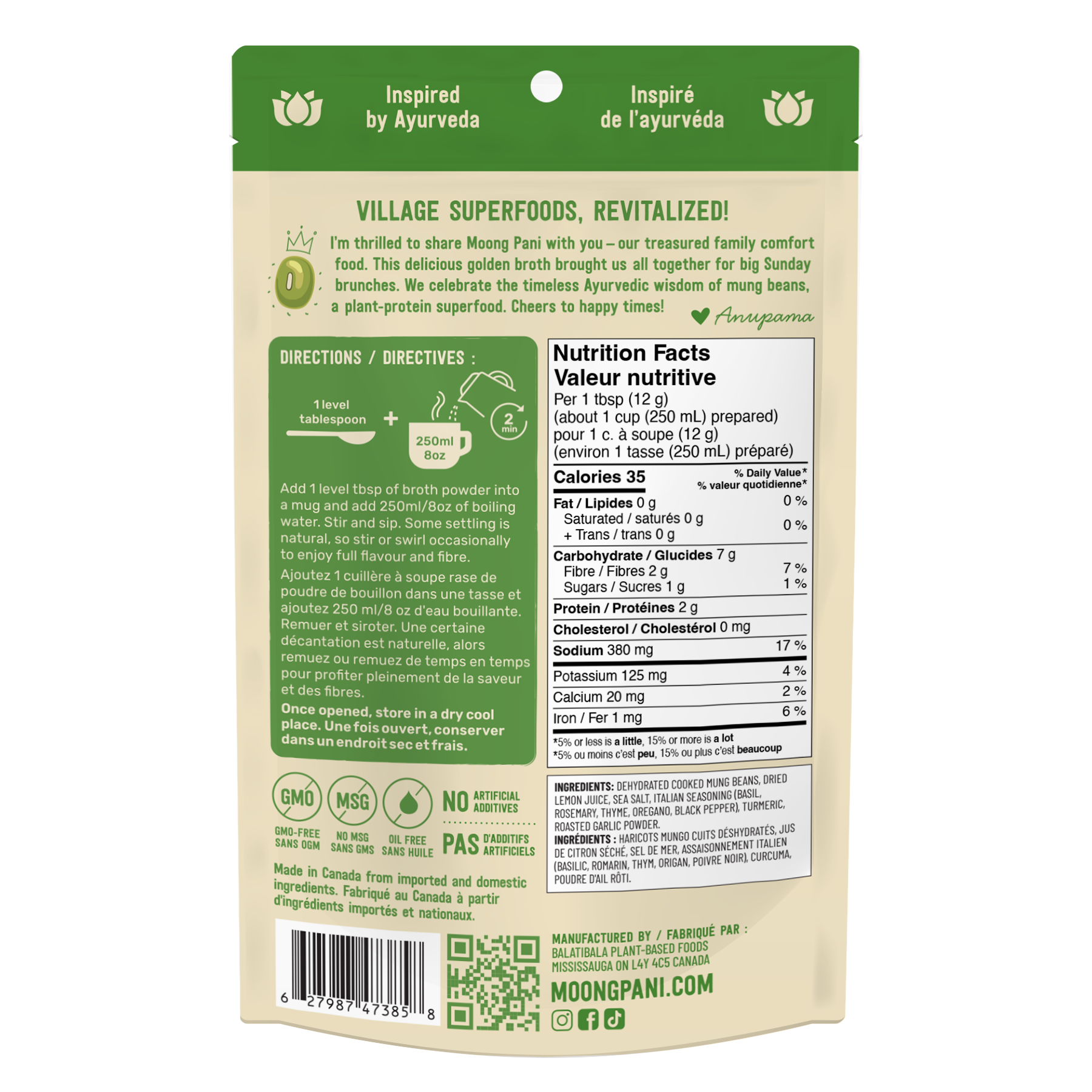 Back of package of Moong Pani Mung Bean Soup in Flavour Italian Hers, Garlic & Turmeric. Vegan, Gluten-free, 100% natural, high fiber, high protein, Vegan Bone Broth