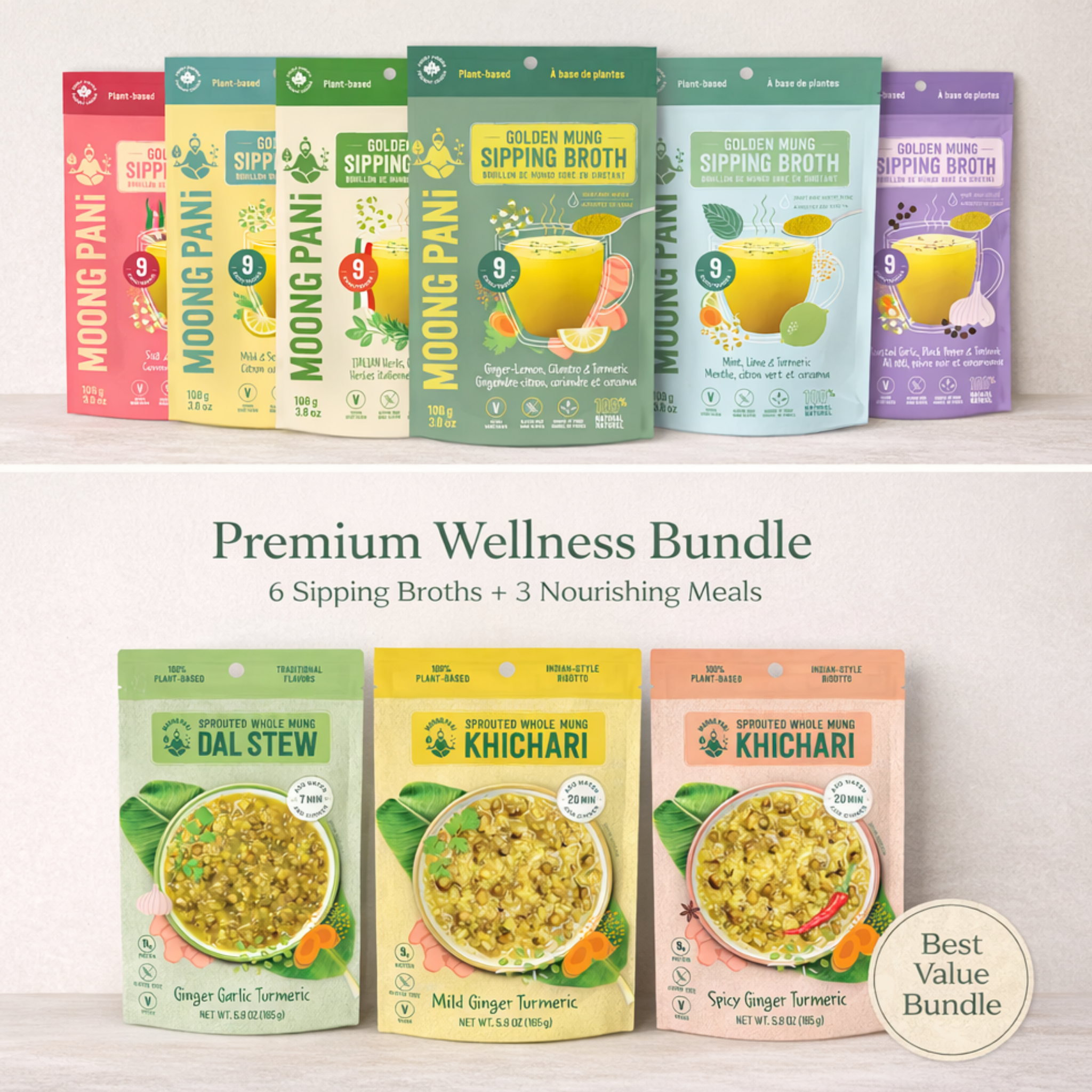 Premium Wellness Starter Pack featuring 6 colorful broth pouches and 3 sprouted mung meal packets arranged on a clean wooden surface.