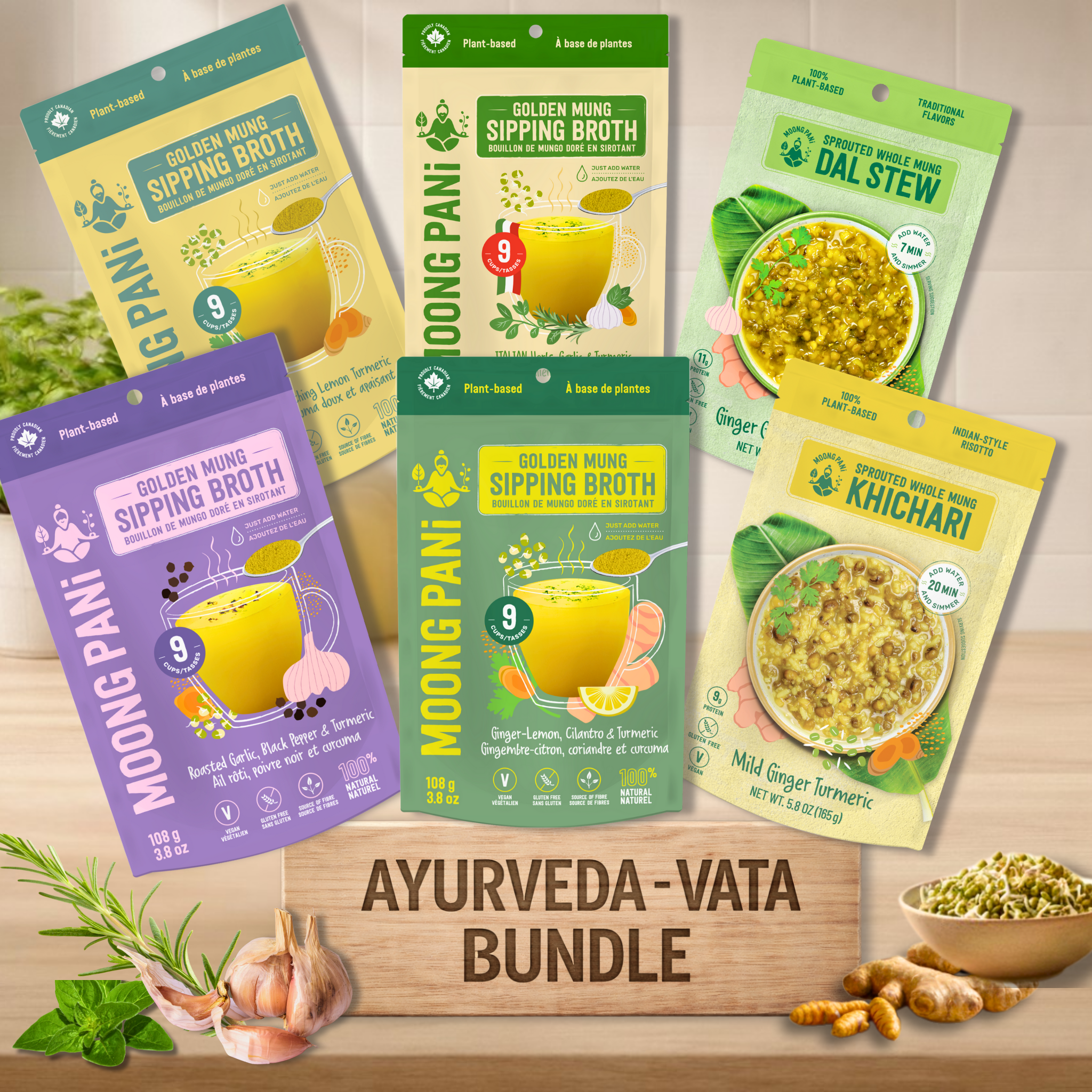 Ayurveda-Vata Bundle - 6 products, 42 servings, 126g protein - meals & broths made from sprouted mung beans, turmeric - Moong Pani