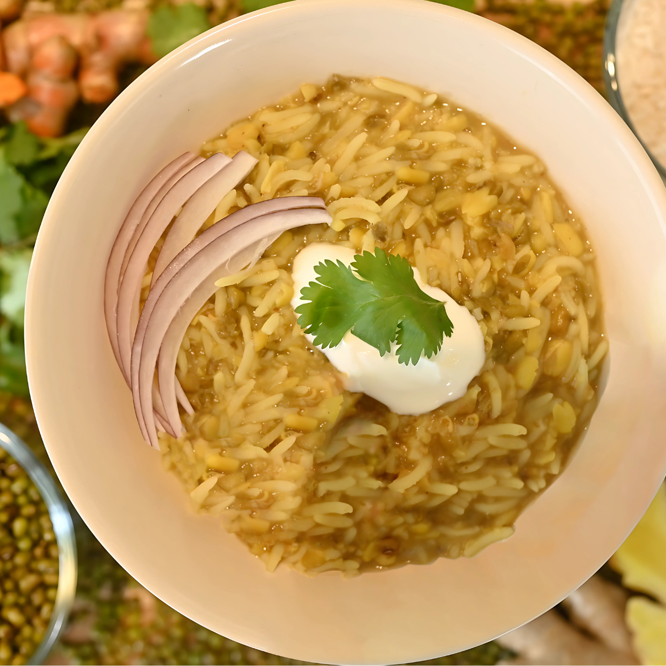 Bowl of khichari rice with onions slices and a dollop of yoghurt - with mung beans, turmeric, ginger in the background