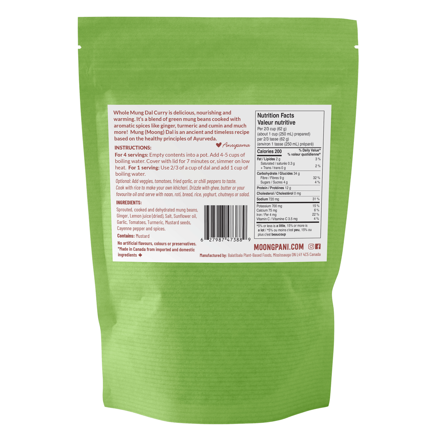 Back of Package Moong Pani Sprouted Mung Dal Curry. Vegan, Gluten-free, 100% natural and made in Canada.