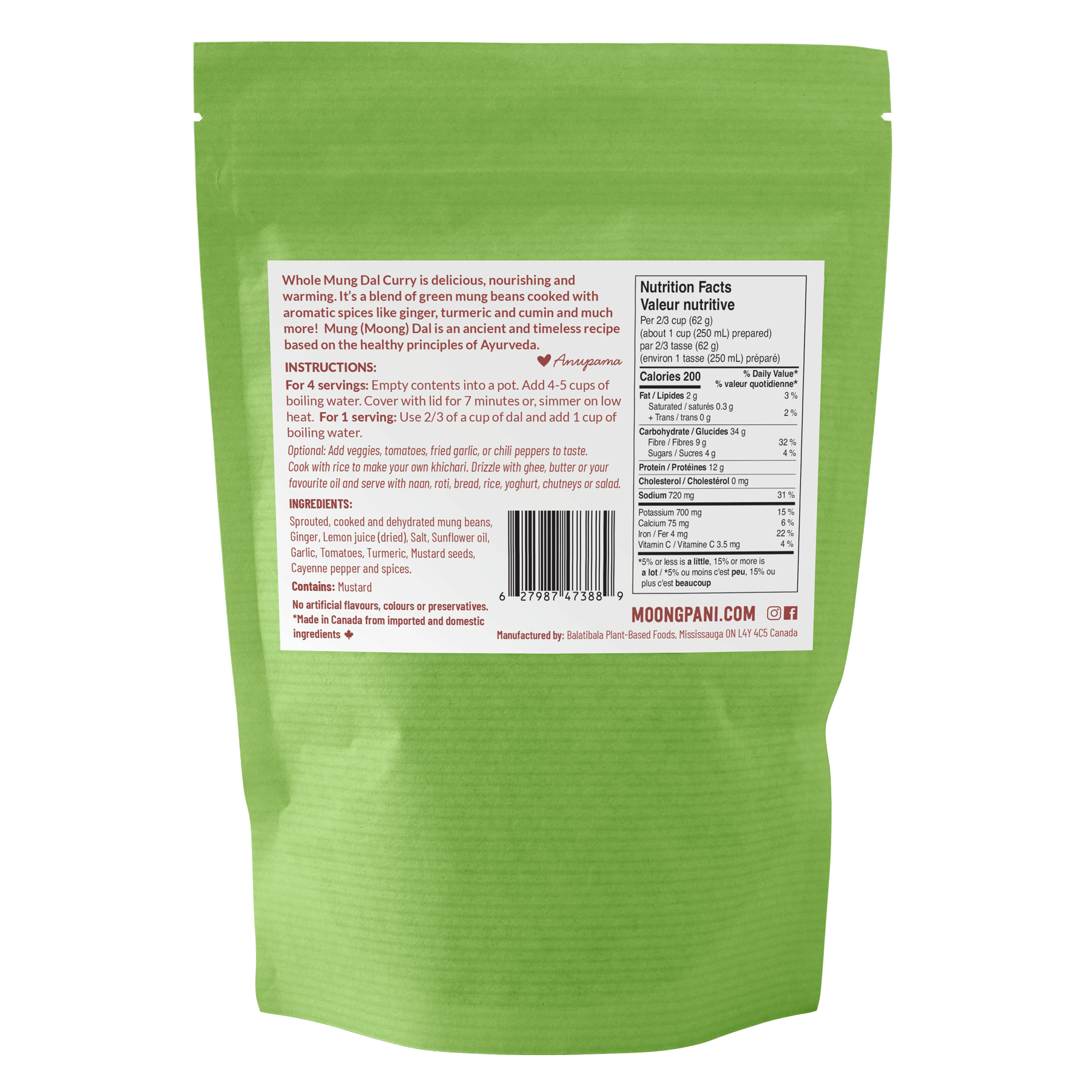Back of Package Moong Pani Sprouted Mung Dal Curry. Vegan, Gluten-free, 100% natural and made in Canada.