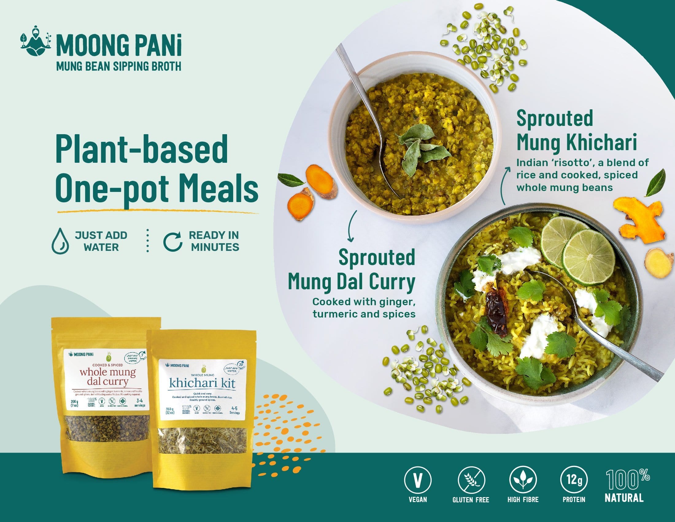 Flyer for Moong Pani Sprouted Mung Dal Curry. Vegan, Gluten-free, 100% natural and made in Canada.