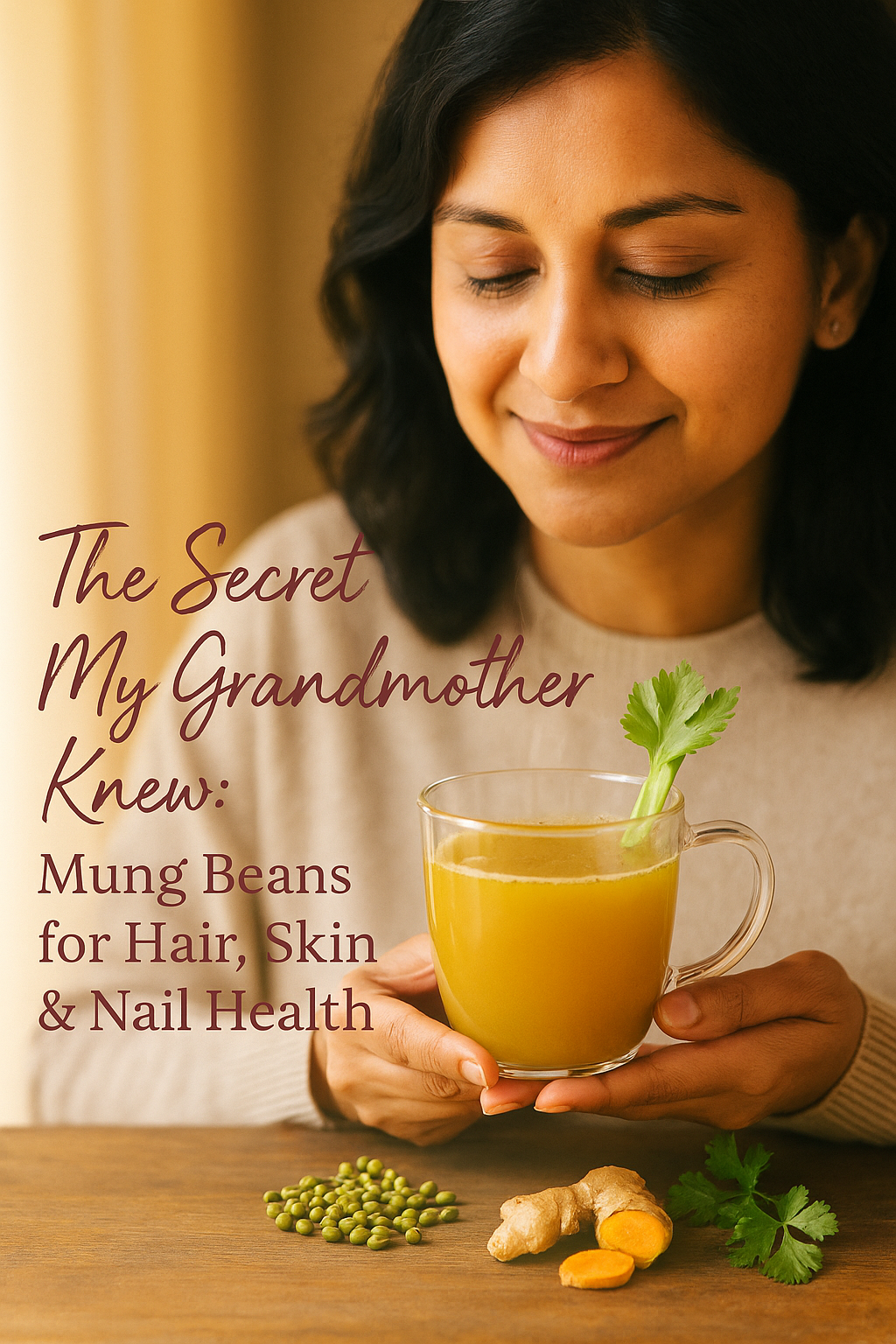 The Secret My Grandmother Knew - Mung beans for Hair, Skin and nail health. A happy woman drinking a cup of golden-hued broth. On the table are ingredients - mung beans, ginger, cilantro leaf 