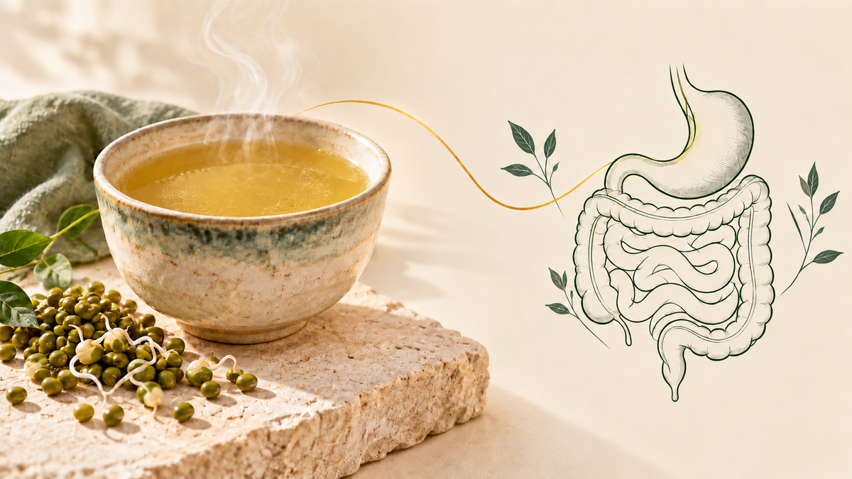 A warm bowl of golden mung bean broth beside whole green mung beans, with an illustration of the digestive system