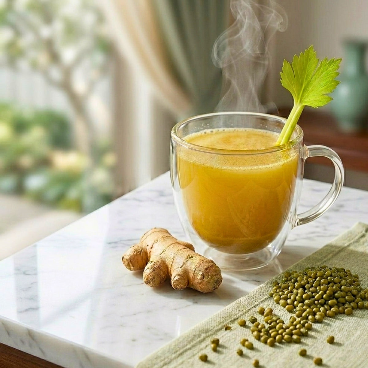 A cup of Moong Pani golden mung broth with a celery stick