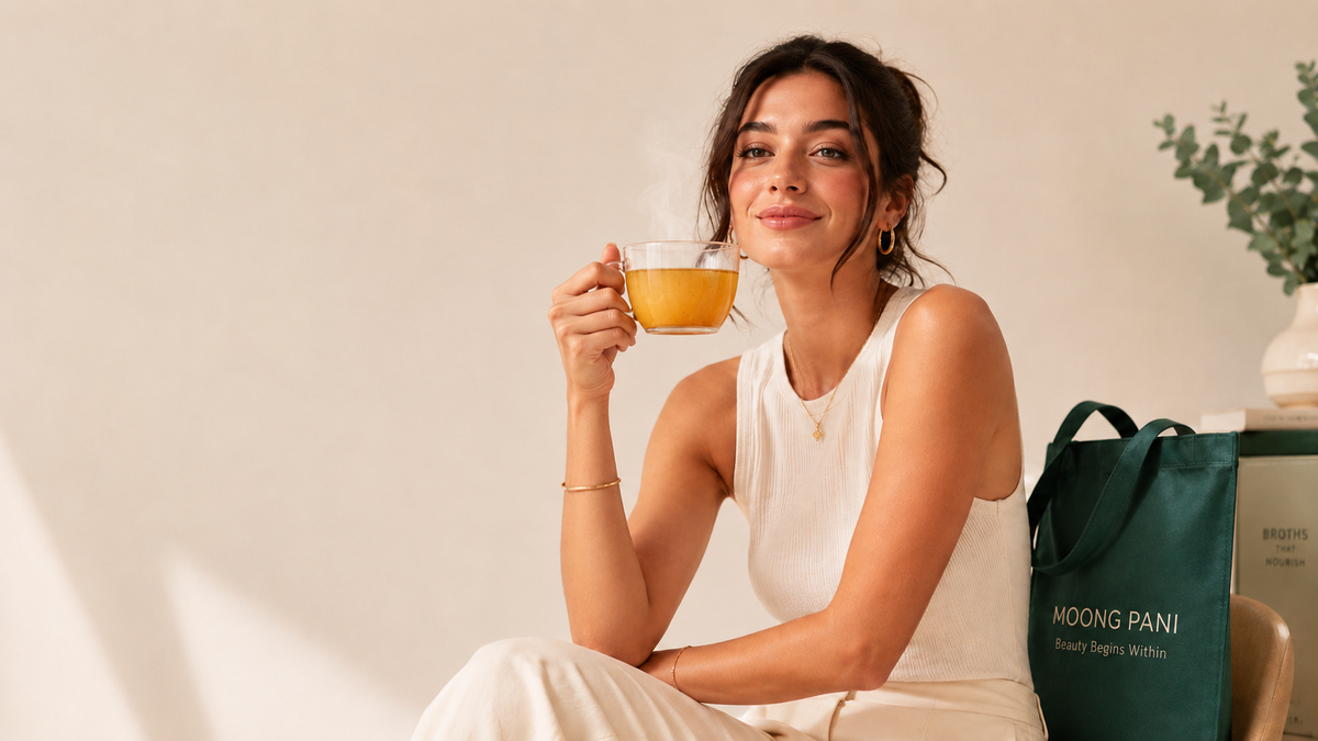 A woman enjoying a warm cup of Moong Pani golden mung broth