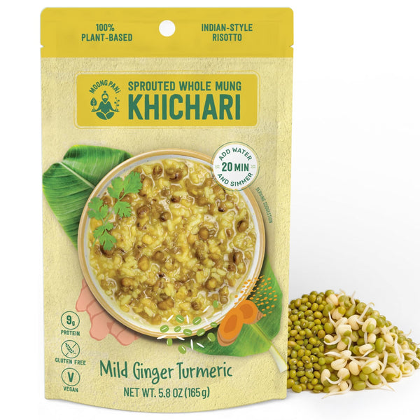 Sprouted Mung Khichari: Mild Ginger & Turmeric | 27g Plant Protein | 3 Servings - Moong Pani Broths - Sprouted Mung Khichari: Mild Ginger & Turmeric | 27g Plant Protein | 3 Servings