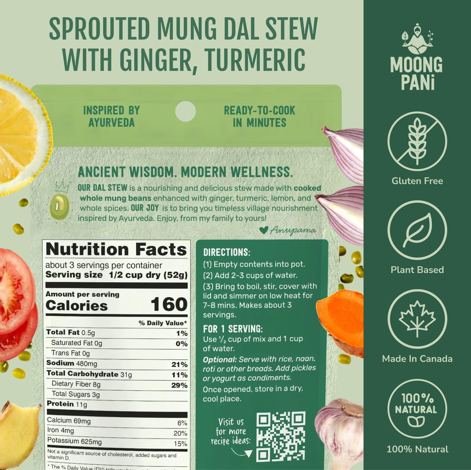 Sprouted Mung Dal Stew: Zesty Ginger &amp; Turmeric | 3+ Servings