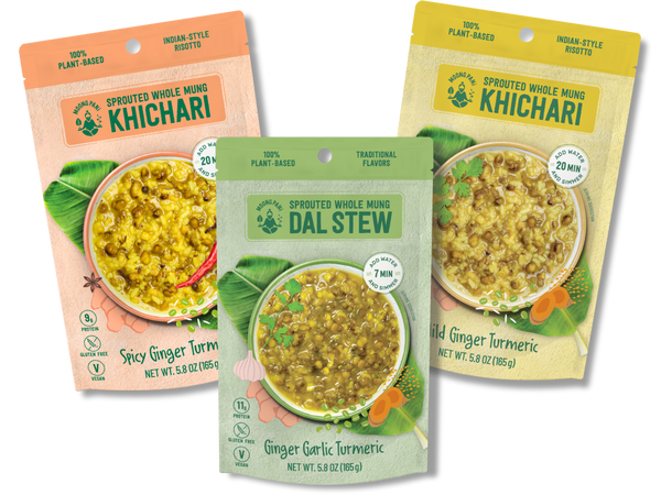 Three packages of Sprouted Whole Mung Khichari, Dal Stew, and Spicy Ginger Turmeric on a white background.