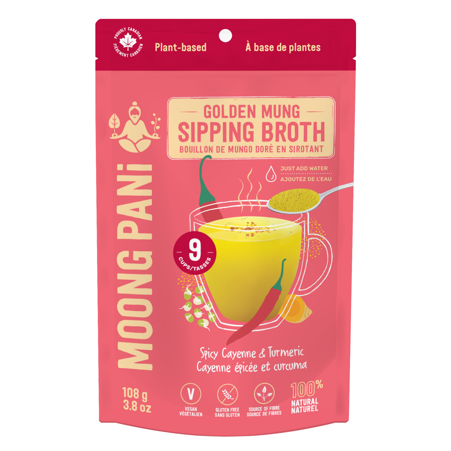 Moong Pani Golden Mung Sipping Broth in Flavour Spicy Cayenne with Ginger, Lemon, Cilantro &amp; Turmeric. Vegan, Gluten-free, 100% natural and made in Canada.