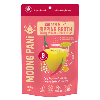 Moong Pani Golden Mung Sipping Broth in Flavour Spicy Cayenne with Ginger, Lemon, Cilantro &amp; Turmeric. Vegan, Gluten-free, 100% natural and made in Canada.