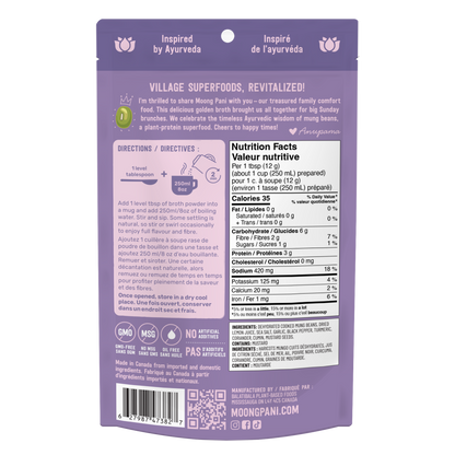 Moong Pani Golden Mung Sipping Broth in Flavour Roasted Garlic, Black Pepper with Turmeric and Nutritional Fact Table and ingredient list, Vegan, Gluten-free, 100% natural and made in Canada.