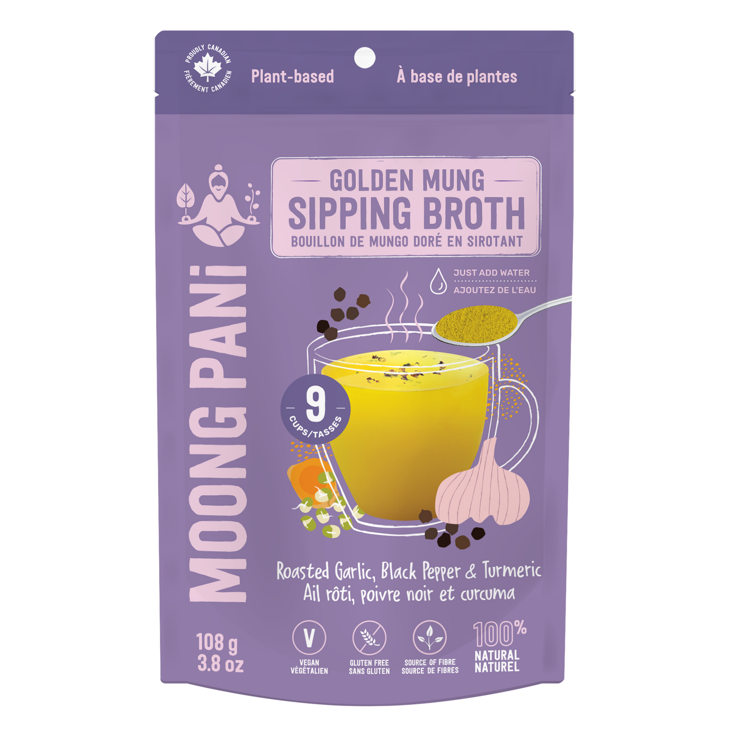 Moong Pani Golden Mung Sipping Broth in Flavour Roasted Garlic, Black Pepper with Turmeric and Nutritional Fact Table and ingredient list, Vegan, Gluten-free, 100% natural and made in Canada.