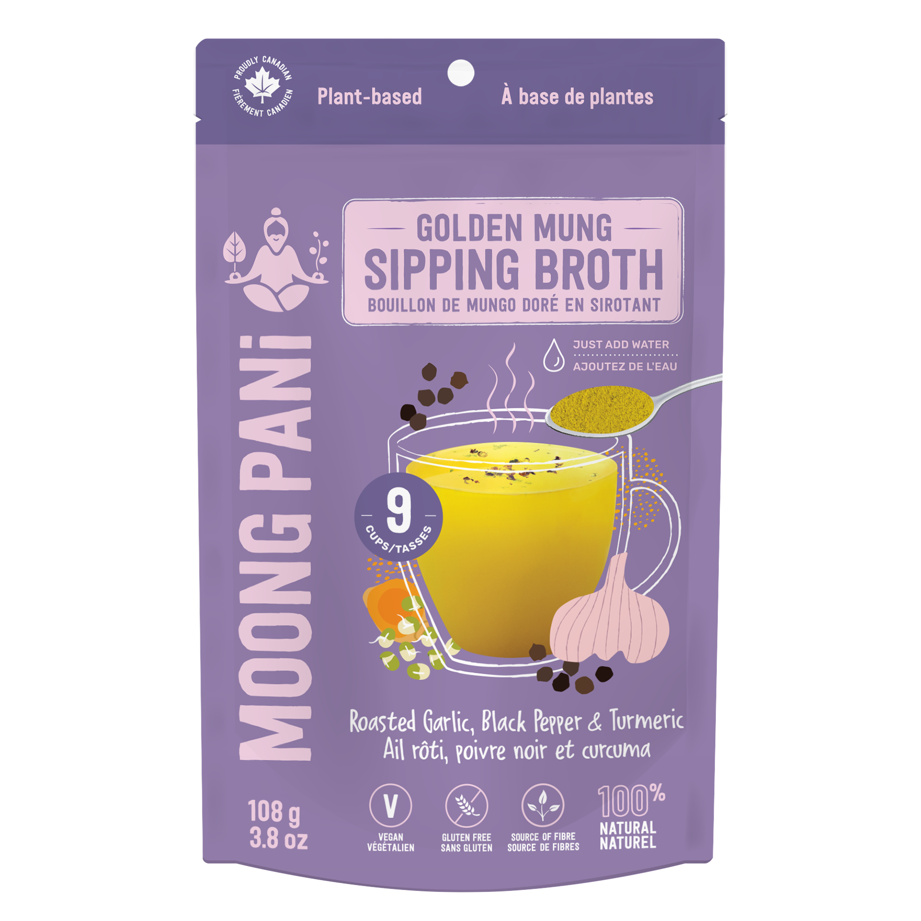 Moong Pani Golden Mung Sipping Broth in Flavour Roasted Garlic, Black Pepper with Turmeric and Nutritional Fact Table and ingredient list, Vegan, Gluten-free, 100% natural and made in Canada.