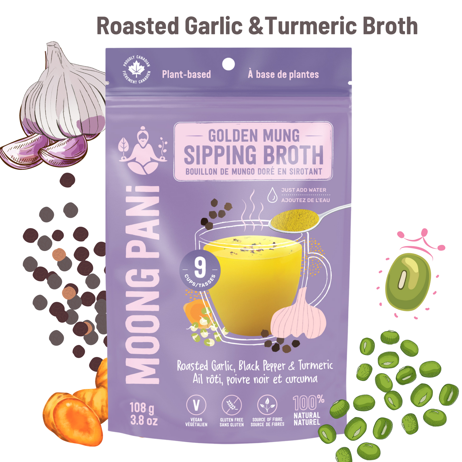 Moong Pani Golden Mung Sipping Broth in Flavour Roasted Garlic, Black Pepper with Turmeric  and ingredient list, Vegan, Gluten-free, 100% natural and made in Canada.