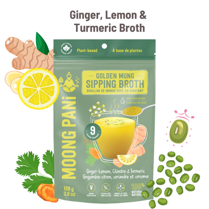 A fun graphic that shows Moong Pani Mung Bean Soup in Flavour Ginger-Lemon, Cilantro &amp; Turmeric.. Vegan, Gluten-free, 100% natural, high fiber, high protein, ayurvedic, Vegan Bone Broth