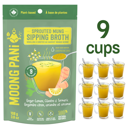 9 Cups/Servings of Moong Pani Mung Bean Soup in Flavour Ginger-Lemon, Cilantro &amp; Turmeric.. Vegan, Gluten-free, 100% natural, high fiber, high protein, ayurvedic, Vegan Bone Broth