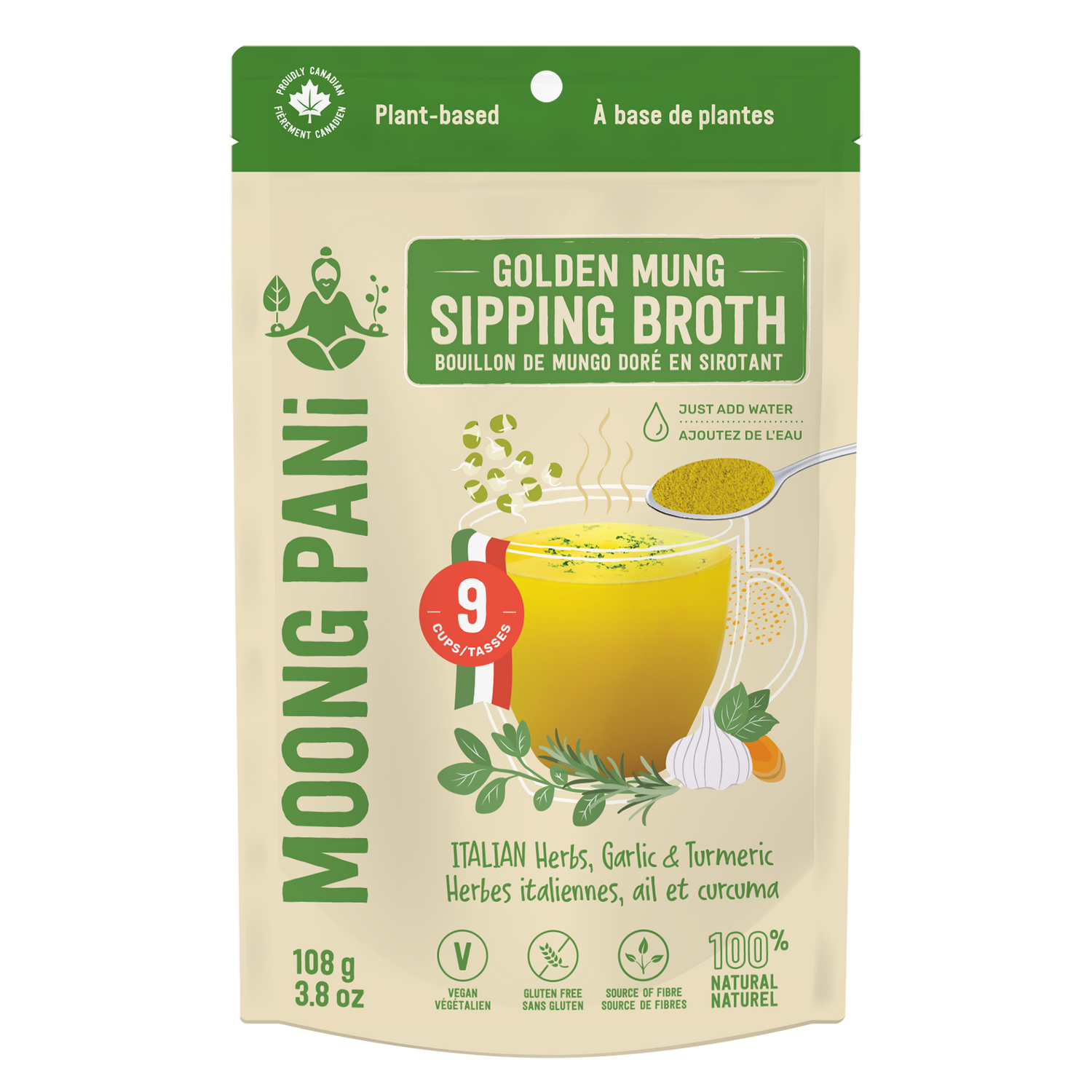 Moong Pani mung bean sipping broth with Italian Herbs, Garlic and Turmeric,  like rosemary, thyme, oregano, basil, black pepper, roasted garlic and turmeric.  9 servings. Vegan, gluten-free, 100% Natural. Makes 9 Servings