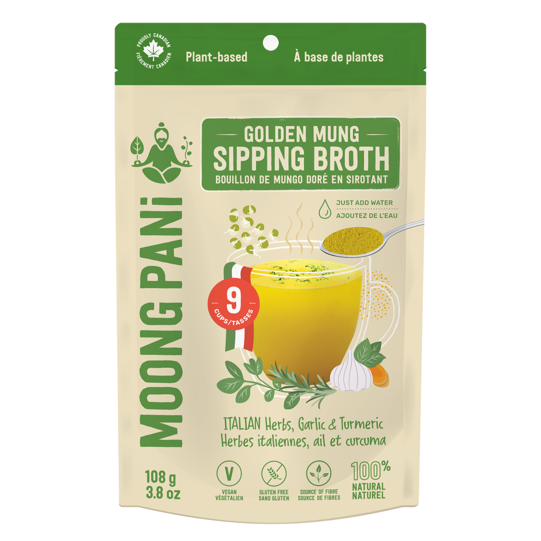 Moong Pani mung bean sipping broth with Italian Herbs, Garlic and Turmeric,  like rosemary, thyme, oregano, basil, black pepper, roasted garlic and turmeric.  9 servings. Vegan, gluten-free, 100% Natural. Makes 9 Servings