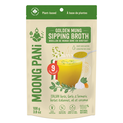 Moong Pani mung bean sipping broth with Italian Herbs, Garlic and Turmeric,  like rosemary, thyme, oregano, basil, black pepper, roasted garlic and turmeric.  9 servings. Vegan, gluten-free, 100% Natural. Makes 9 Servings