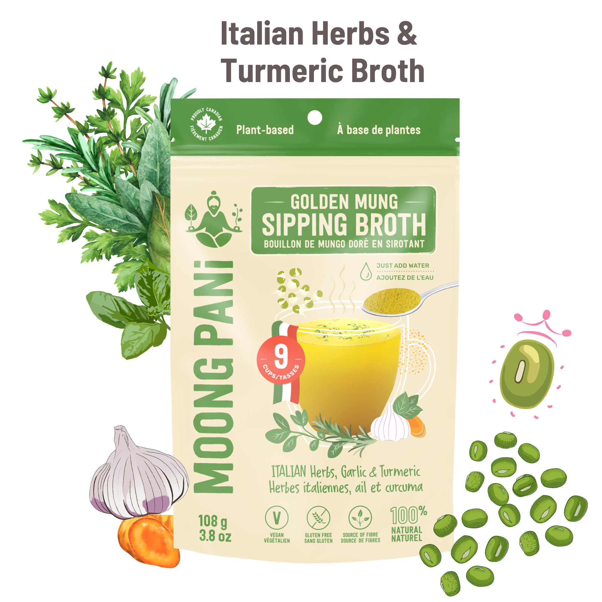 A fun image with Moong Pani mung bean sipping broth with Italian Herbs like rosemary, thyme, oregano, basil, black pepper, roasted garlic and turmeric.  9 servings. Vegan, gluten-free, 100% Natural. Makes 9 Servings