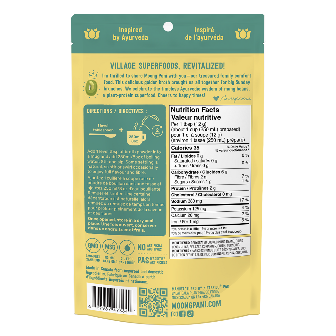 Moong Pani Golden Mung Sipping Broth in Flavour Mild and Soothing with Lemon and Turmeric and Nutritional Fact Table and ingredient list, Vegan, Gluten-free, 100% natural and made in Canada.