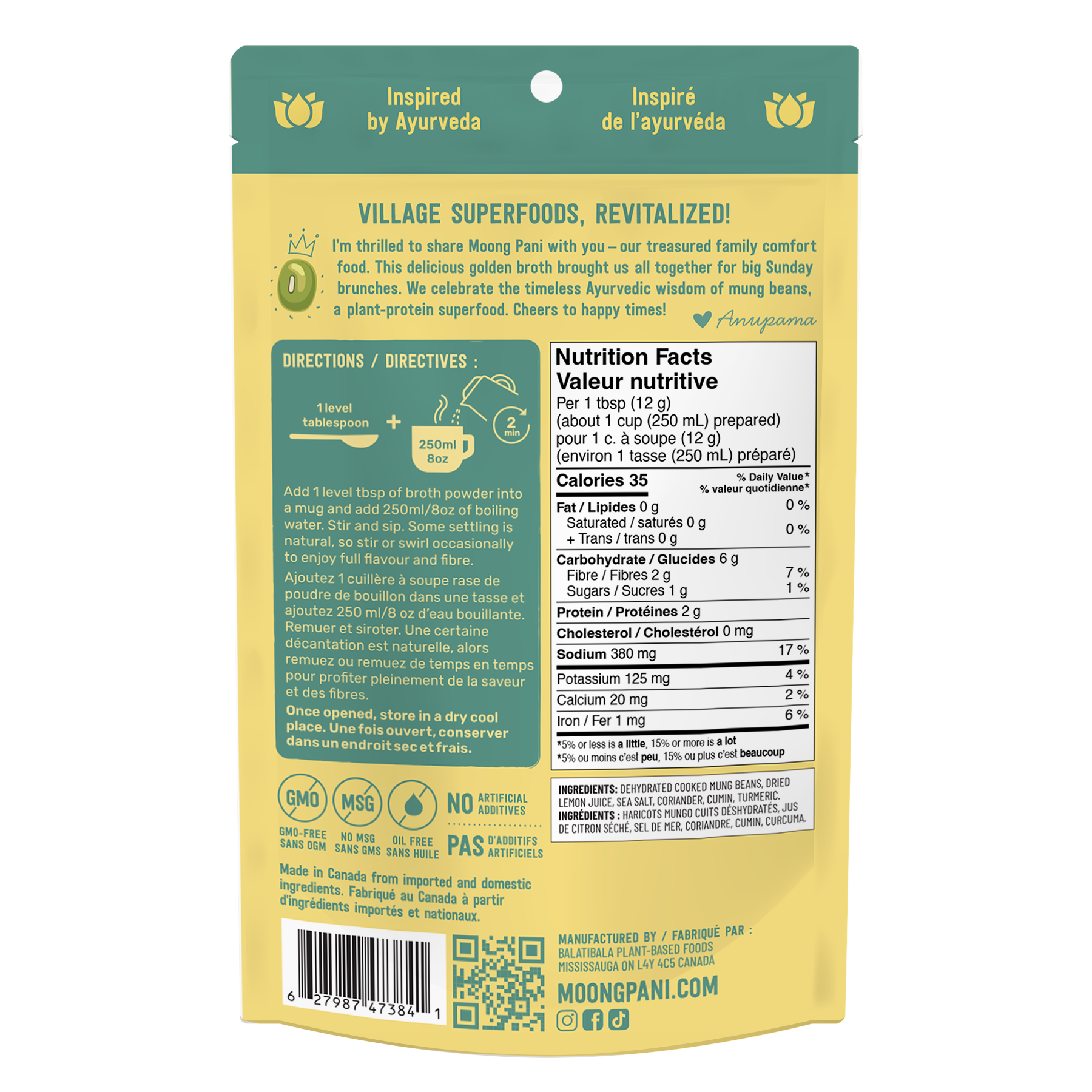 Moong Pani Golden Mung Sipping Broth in Flavour Mild and Soothing with Lemon and Turmeric and Nutritional Fact Table and ingredient list, Vegan, Gluten-free, 100% natural and made in Canada.