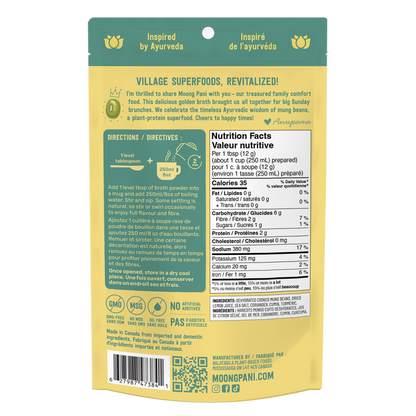 Moong Pani Golden Mung Sipping Broth in Flavour Mild and Soothing with Lemon and Turmeric and Nutritional Fact Table and ingredient list, Vegan, Gluten-free, 100% natural and made in Canada.