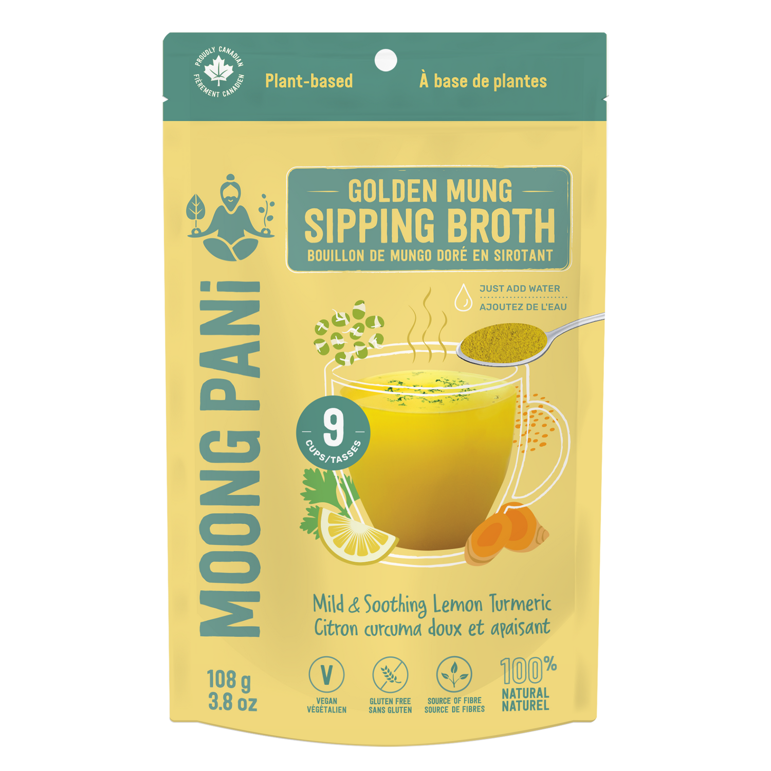 Moong Pani Golden Mung Sipping Broth in Flavour Mild and Smoothing with Lemon and Turmeric and 9 servings, Vegan, Gluten-free, 100% natural and made in Canada.