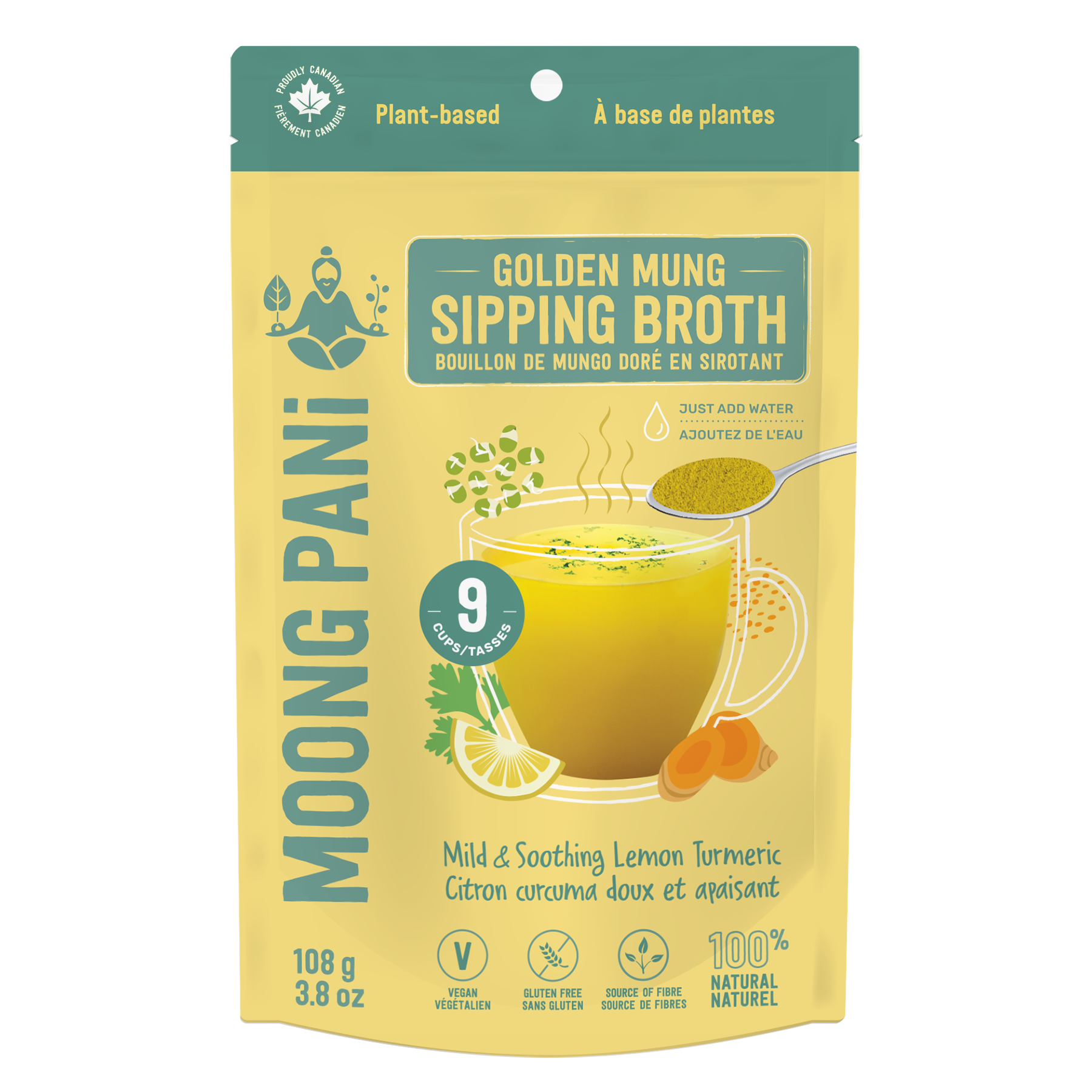 Moong Pani Golden Mung Sipping Broth in Flavour Mild and Smoothing with Lemon and Turmeric and 9 servings, Vegan, Gluten-free, 100% natural and made in Canada.