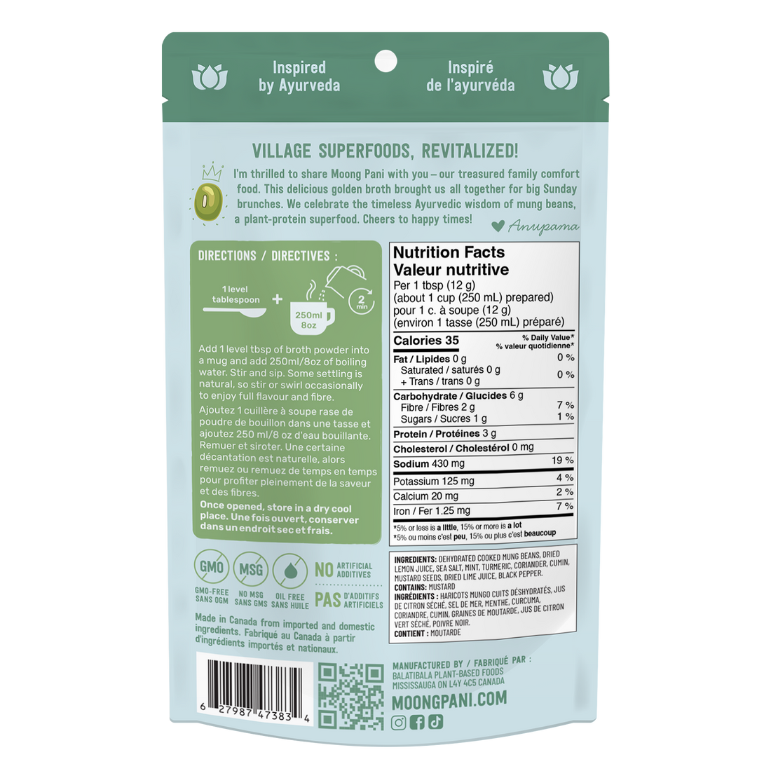 Moong Pani Golden Mung Sipping Broth in Flavour Mint, Lime with Turmeric and Nutritional Fact Table and ingredient list, Vegan, Gluten-free, 100% natural and made in Canada.