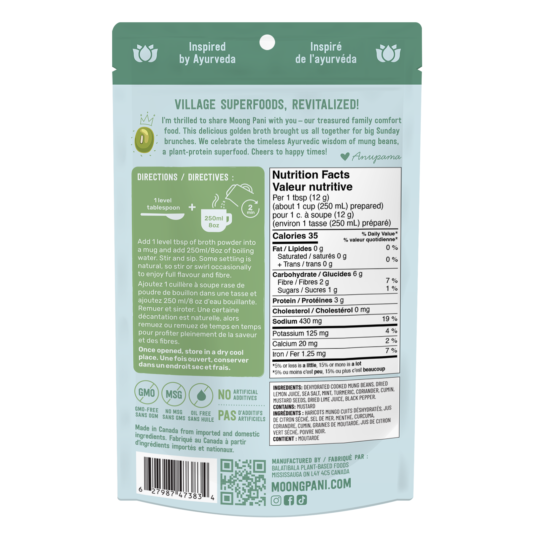 Moong Pani Golden Mung Sipping Broth in Flavour Mint, Lime with Turmeric and Nutritional Fact Table and ingredient list, Vegan, Gluten-free, 100% natural and made in Canada.