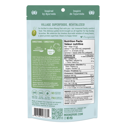 Moong Pani Golden Mung Sipping Broth in Flavour Mint, Lime with Turmeric and Nutritional Fact Table and ingredient list, Vegan, Gluten-free, 100% natural and made in Canada.