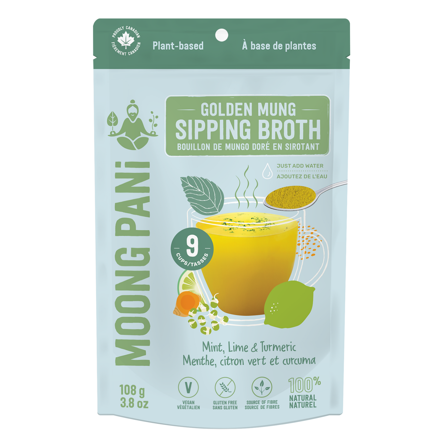 Moong Pani Golden Mung Sipping Broth in Flavour Mint, Lime, with Turmeric with 9 Servings,  Vegan, Gluten-free, 100% natural and made in Canada.