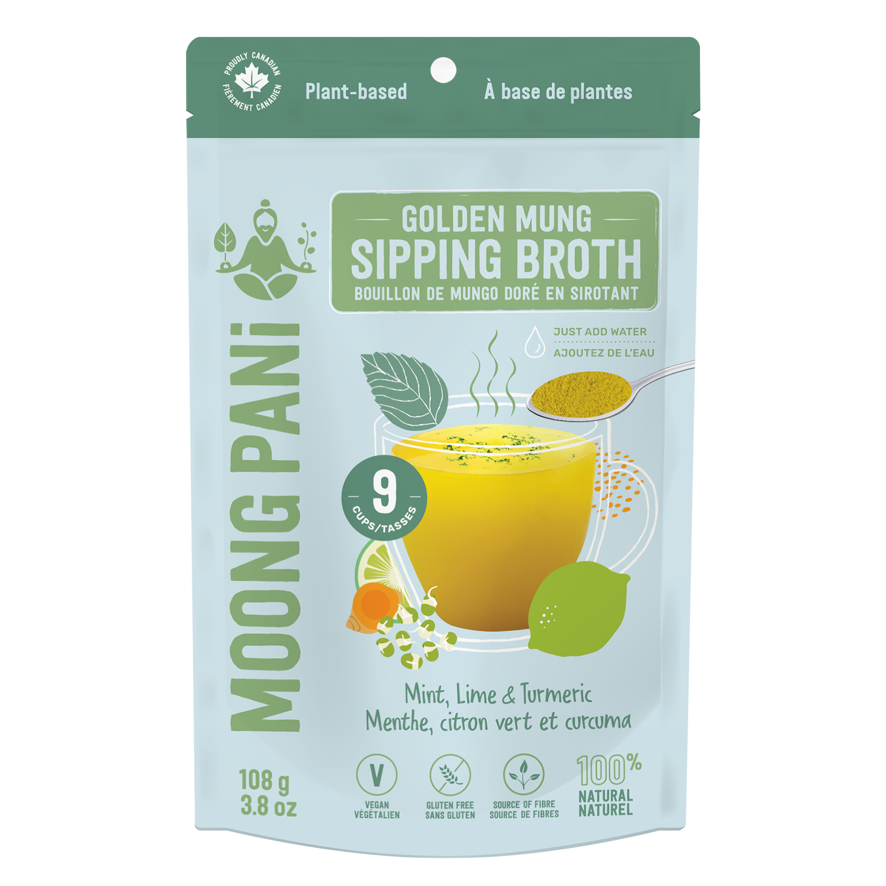 Moong Pani Golden Mung Sipping Broth in Flavour Mint, Lime, with Turmeric with 9 Servings,  Vegan, Gluten-free, 100% natural and made in Canada.