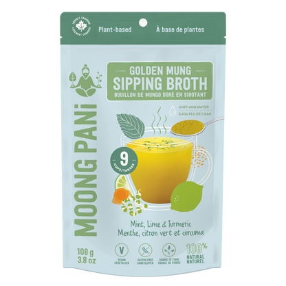 Moong Pani Golden Mung Sipping Broth in Flavour Mint, Lime, with Turmeric with 9 Servings,  Vegan, Gluten-free, 100% natural and made in Canada.