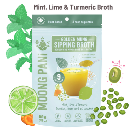 Moong Pani Golden Mung Sipping Broth in Flavour Mint, Lime with Turmeric and  Vegan, Gluten-free, 100% natural and made in Canada.