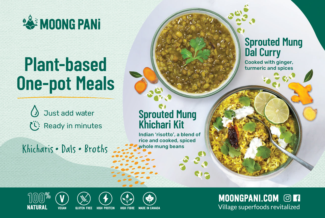 Poster of pictures of cooked and plated Moong Dal Stew and next to a bowl of hearty khichari  with lime and cilantro. Delicious.