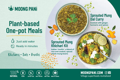 Poster of pictures of cooked and plated Moong Dal Stew and next to a bowl of hearty khichari  with lime and cilantro. Delicious.
