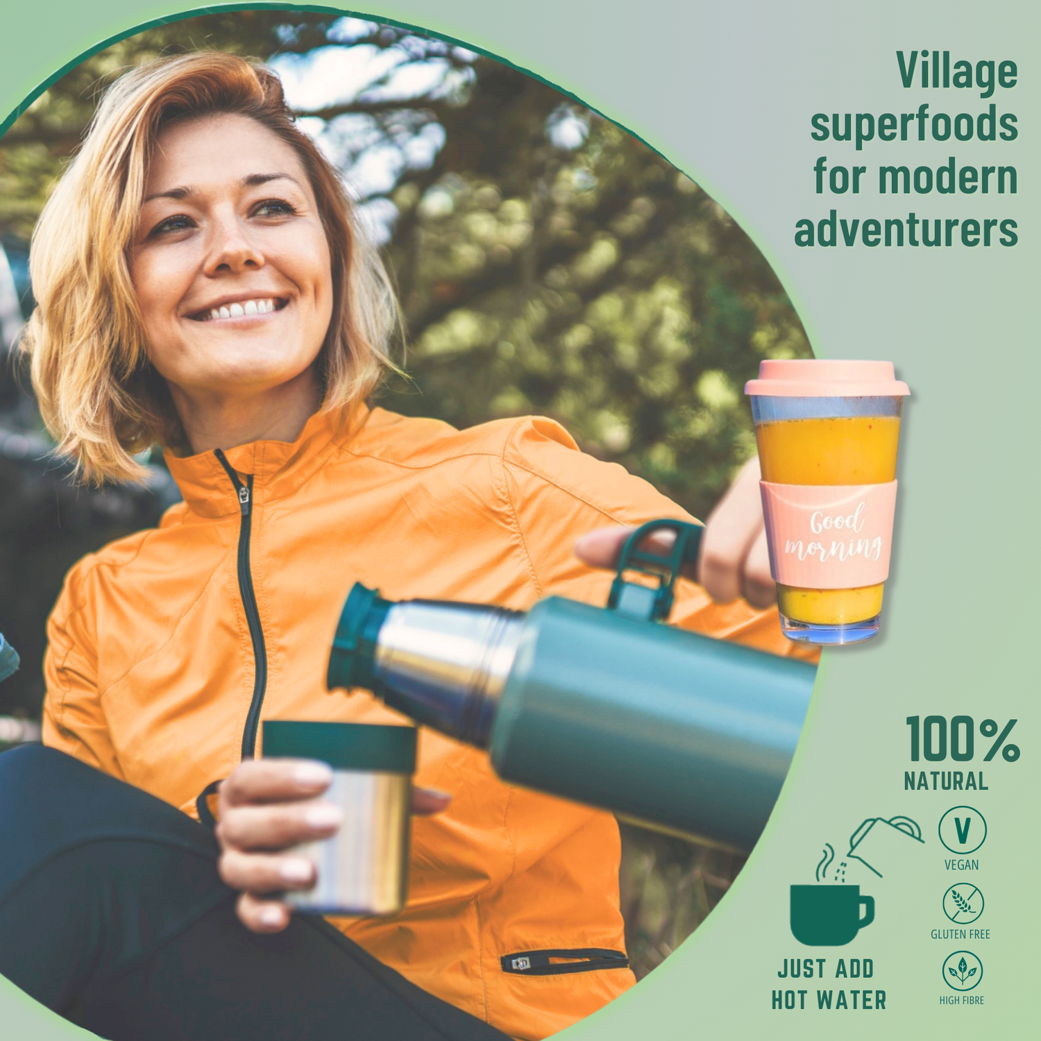 Girl camping with a hot flask of Moong Pani broth. Village Superfoods for Modern Adventurers.  100% natural. Vegan, Gluten-free and just add water.