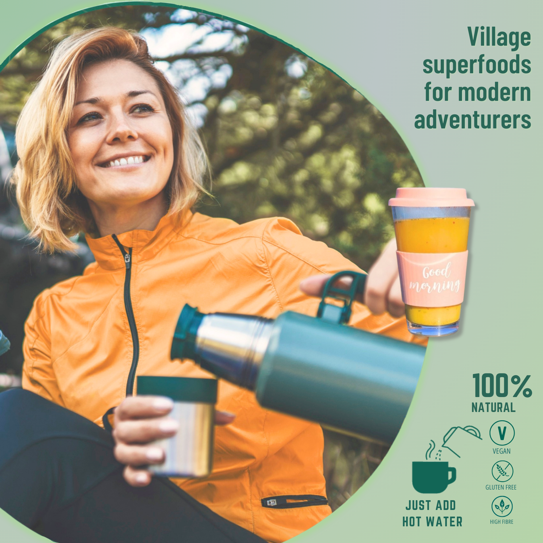Girl camping outdoor with flask of golden broth. wearing an orange jacket that matches with golden cup of broth