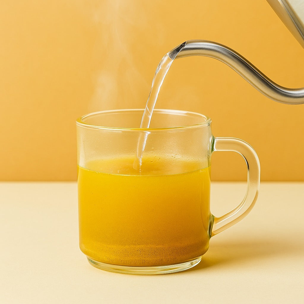 Golden hot broth in a cup with pouring hot water from a kettle.